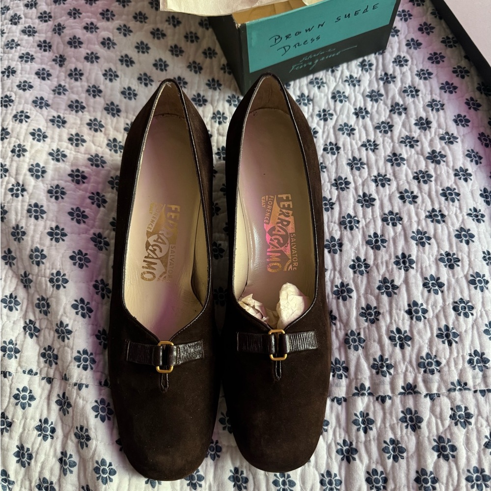 Salvatore Ferragamo Dark Brown Suede Bow Loafers